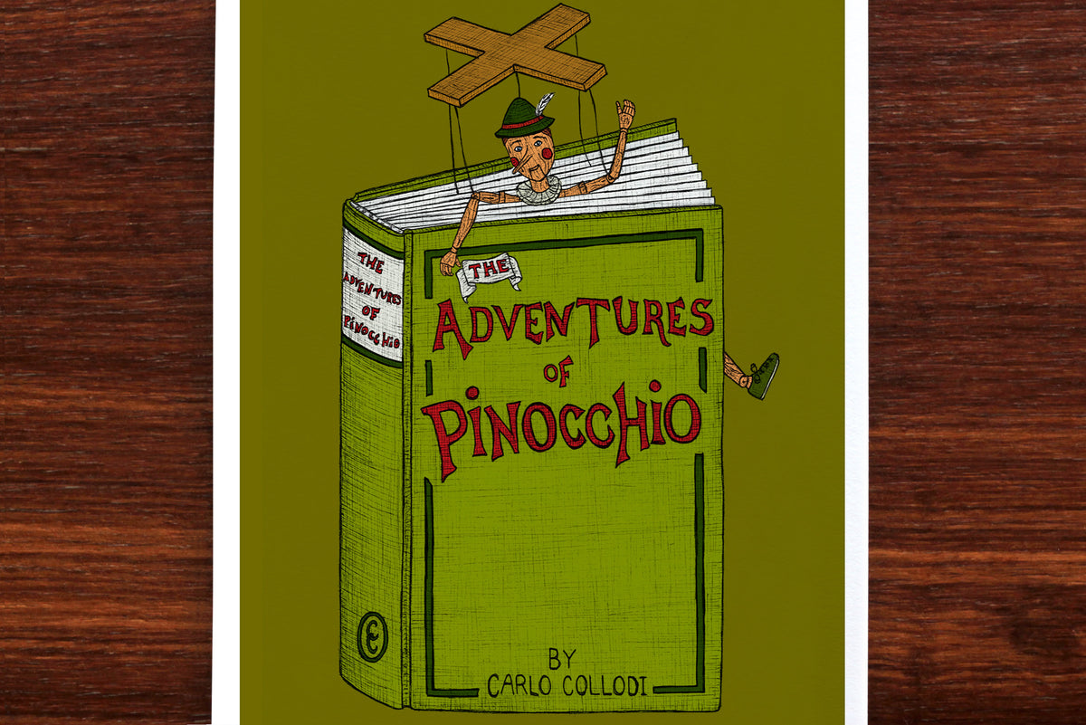 Pinocchio art print on a wooden backdrop