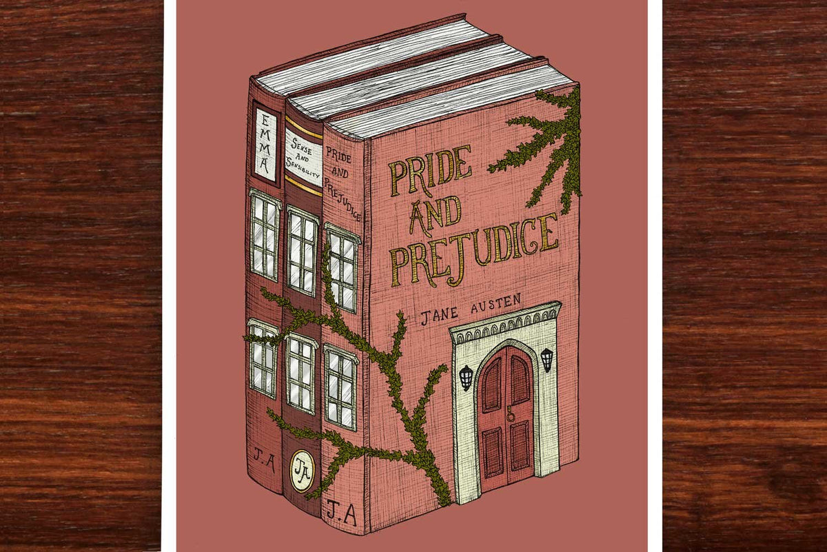 Pride and Prejudice art print on wooden backdrop
