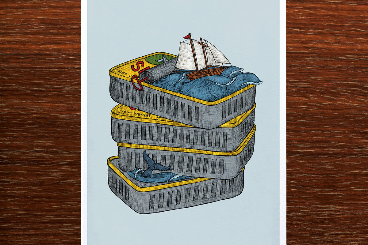 Sardine tin art print on wooden backdrop