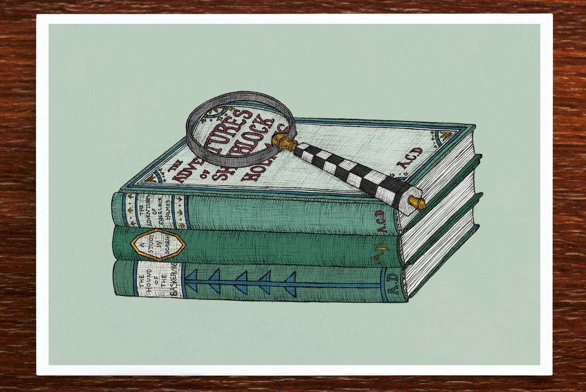 Sherlock Holmes art print on a wooden backfrop