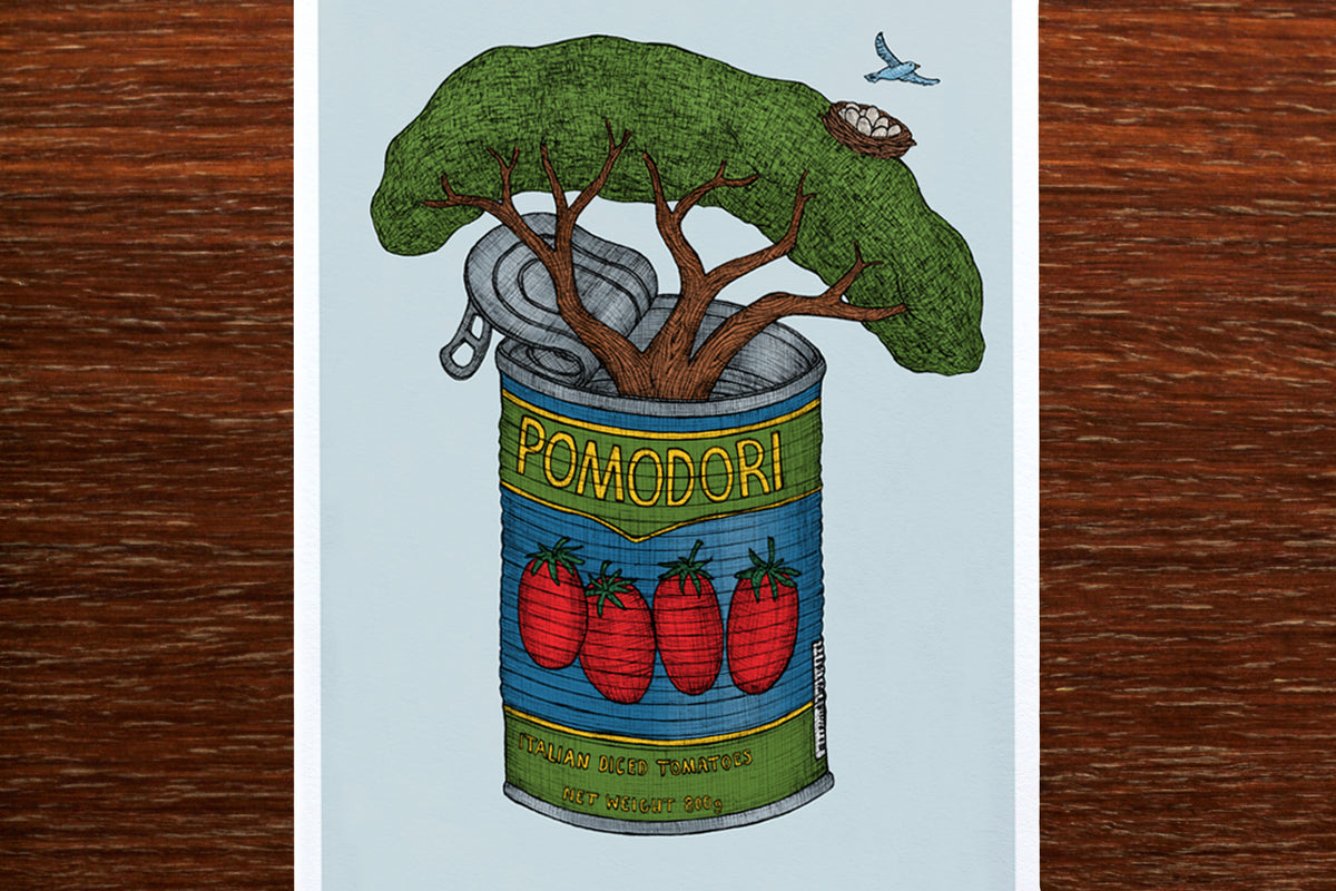 Tin of Tomatoes art print on a wooden backdrop