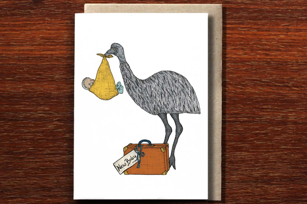Emu with a Baby - Card for Newborn
