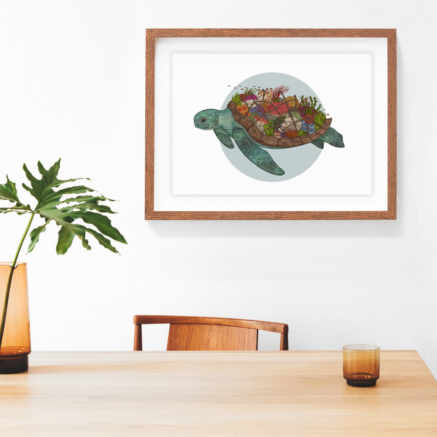 Coral reef turtle art print in frame