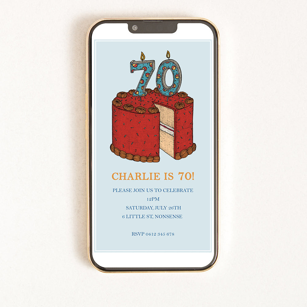 A digital invitation on a smartphone screen displaying a colourful 70th birthday cake with.