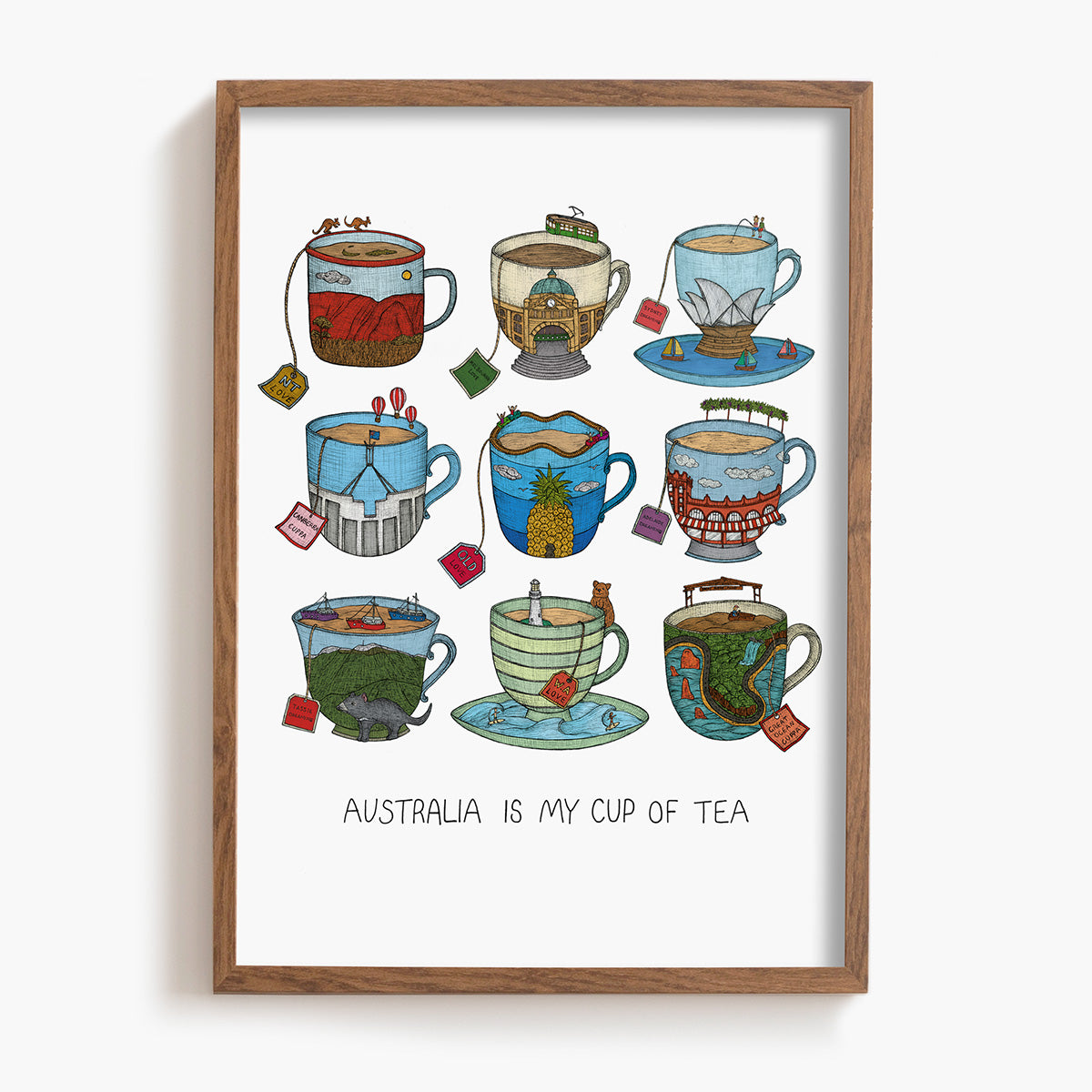Framed artwork with illustrations of teacups and the text 'Australia is my cup of tea' on a white background.