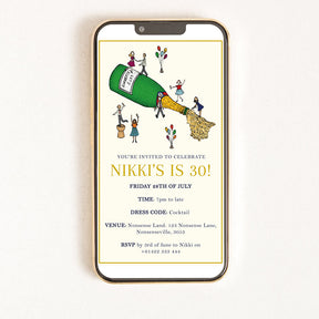 A digital invitation displayed on a smartphone with a quirky illustration of people and a champagne bottle.