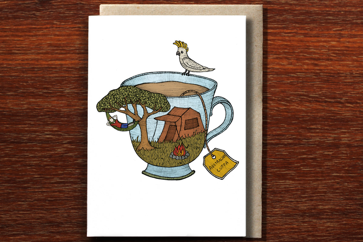 Teacup Camping Cockatoo - Australian Greeting Card