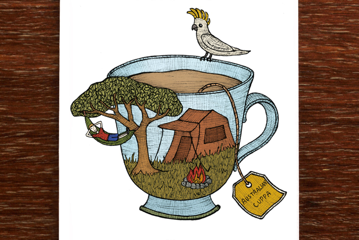 Teacup Camping Cockatoo - Australian Greeting Card
