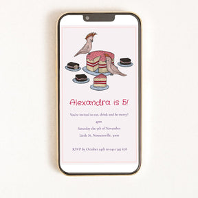 Phone displaying a birthday invitation with cake and cockatoo illustrations on a white background