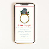 A digital invitation displayed on a smartphone with a house and a ring, indicating an engagement announcement.