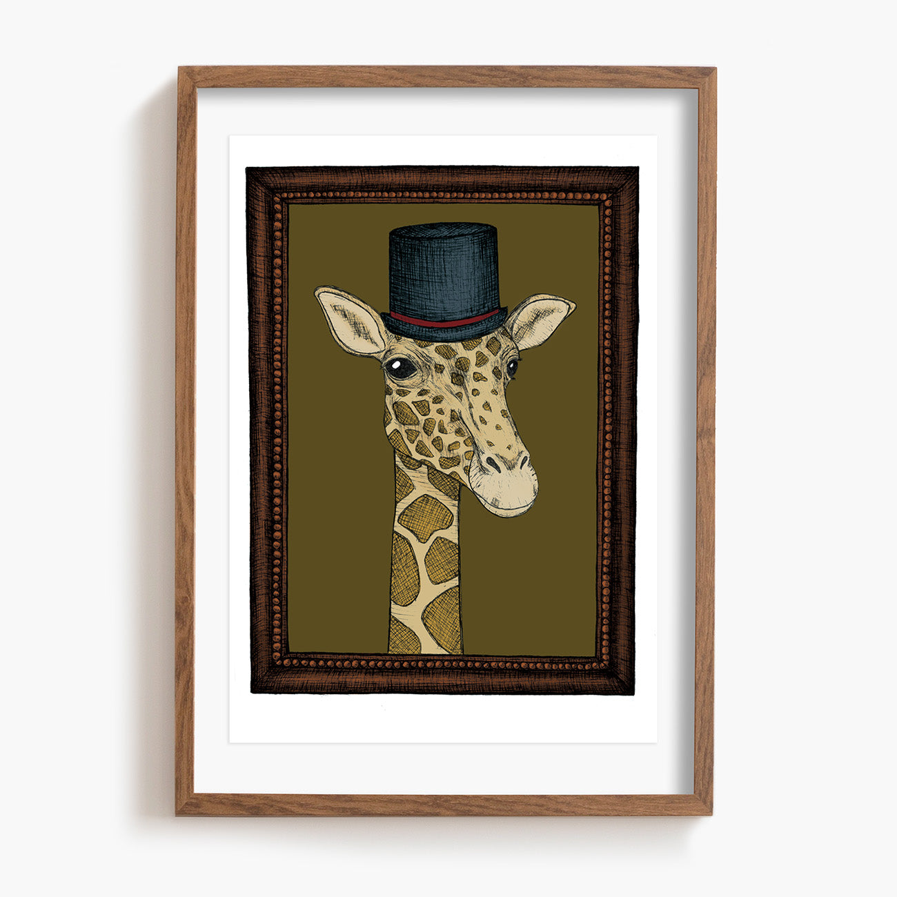 Framed artwork of a giraffe wearing a top hat on a white background