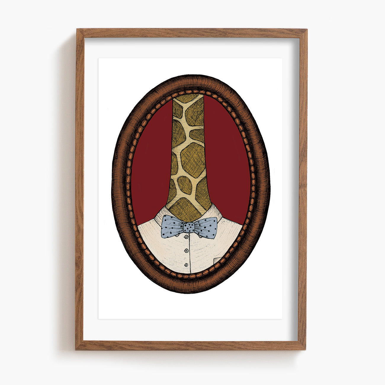 Framed artwork of a stylised giraffe in a suit with a bow tie on a white background