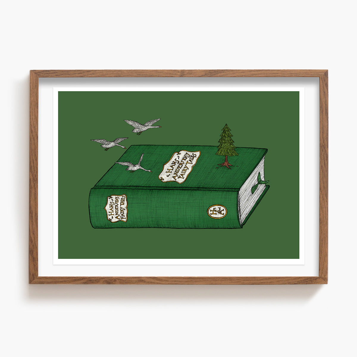 Framed artwork of a green Hans Anderson book with birds and a tree on a green background