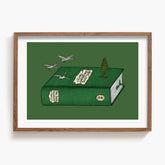 Framed artwork of a green Hans Anderson book with birds and a tree on a green background