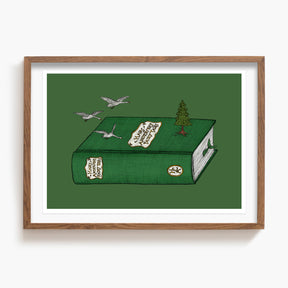 Framed artwork of a green Hans Anderson book with birds and a tree on a green background
