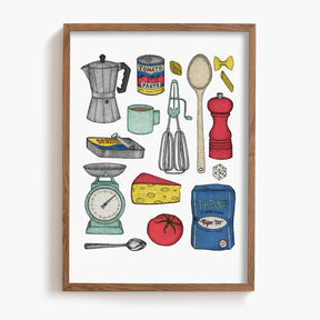 Framed artwork with Italian kitchen-themed illustrations on a white background