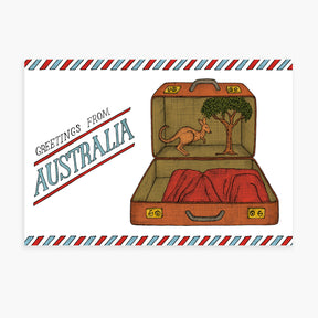 Illustration of an open suitcase with a kangaroo and eucalyptus tree, accompanied by 'Greetings from Australia' text.