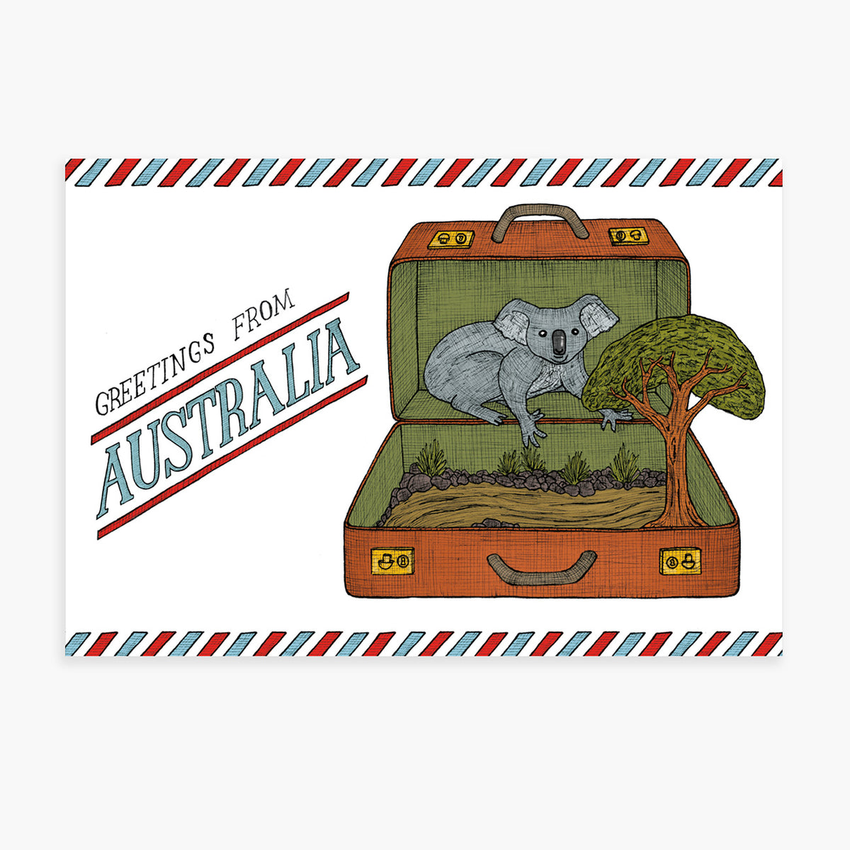 Illustration of a suitcase with a koala and eucalyptus tree, labeled 'Greetings from Australia'.