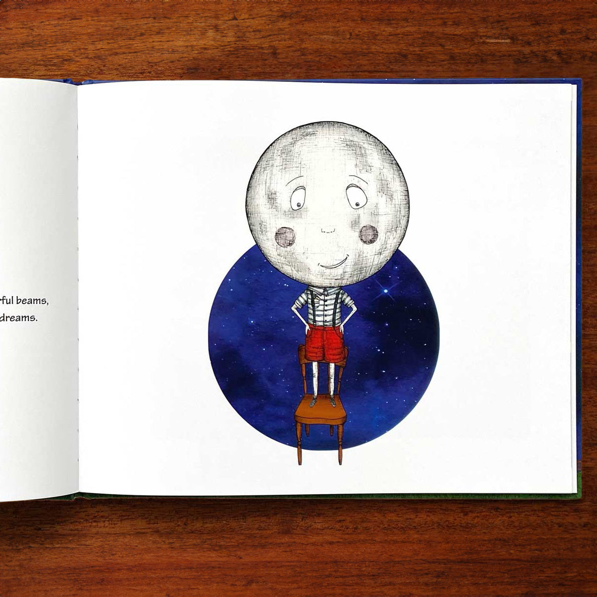 Illustration of a Mr.Moon with a face sitting on a chair against a starry background, inside an open book.