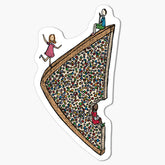 A magnet with an Illustration of a slice of fairy bread with people on top