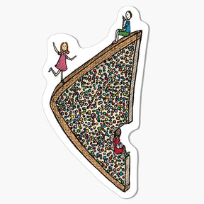 A magnet with an Illustration of a slice of fairy bread with people on top