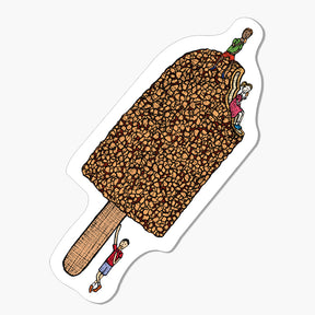 Illustration of a golden gaytime ice cream with people climbing on it