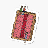 A magnet with an illustration of a giant Iced Vovo biscuit with pink with  three people on a white background.