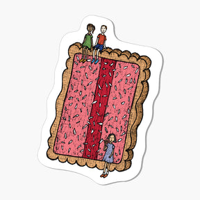 A magnet with an illustration of a giant Iced Vovo biscuit with pink with  three people on a white background.