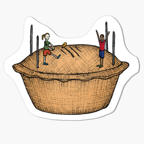 Magnet with an Illustration of two children on top of a large meat pie playing AFL football.