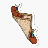 A magnet with an illustration of a sausage in bread with people inside on a white background.