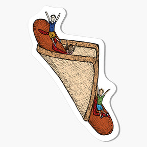 A magnet with an illustration of a sausage in bread with people inside on a white background.