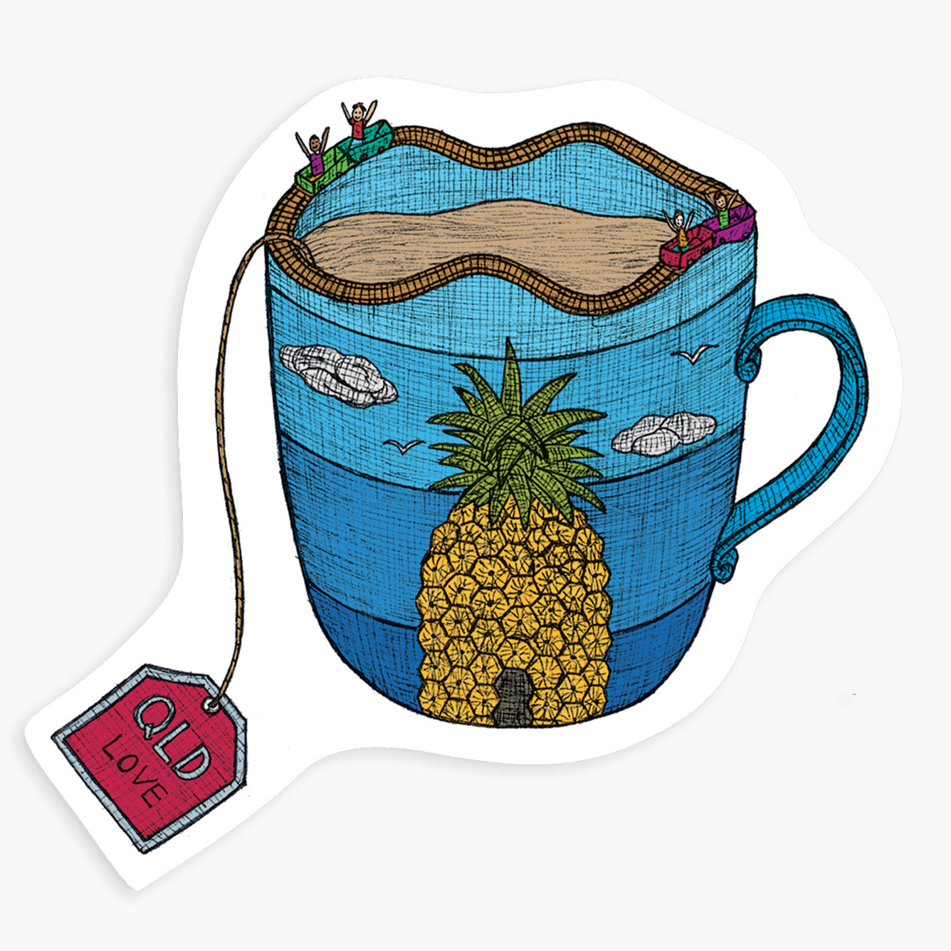 Magnet with an illustration of a blue teacup with the big pineapple inside, surrounded by small figures and clouds on a white background.