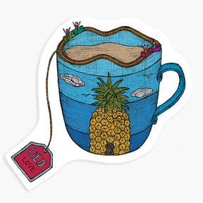 Magnet with an illustration of a blue teacup with the big pineapple inside, surrounded by small figures and clouds on a white background.