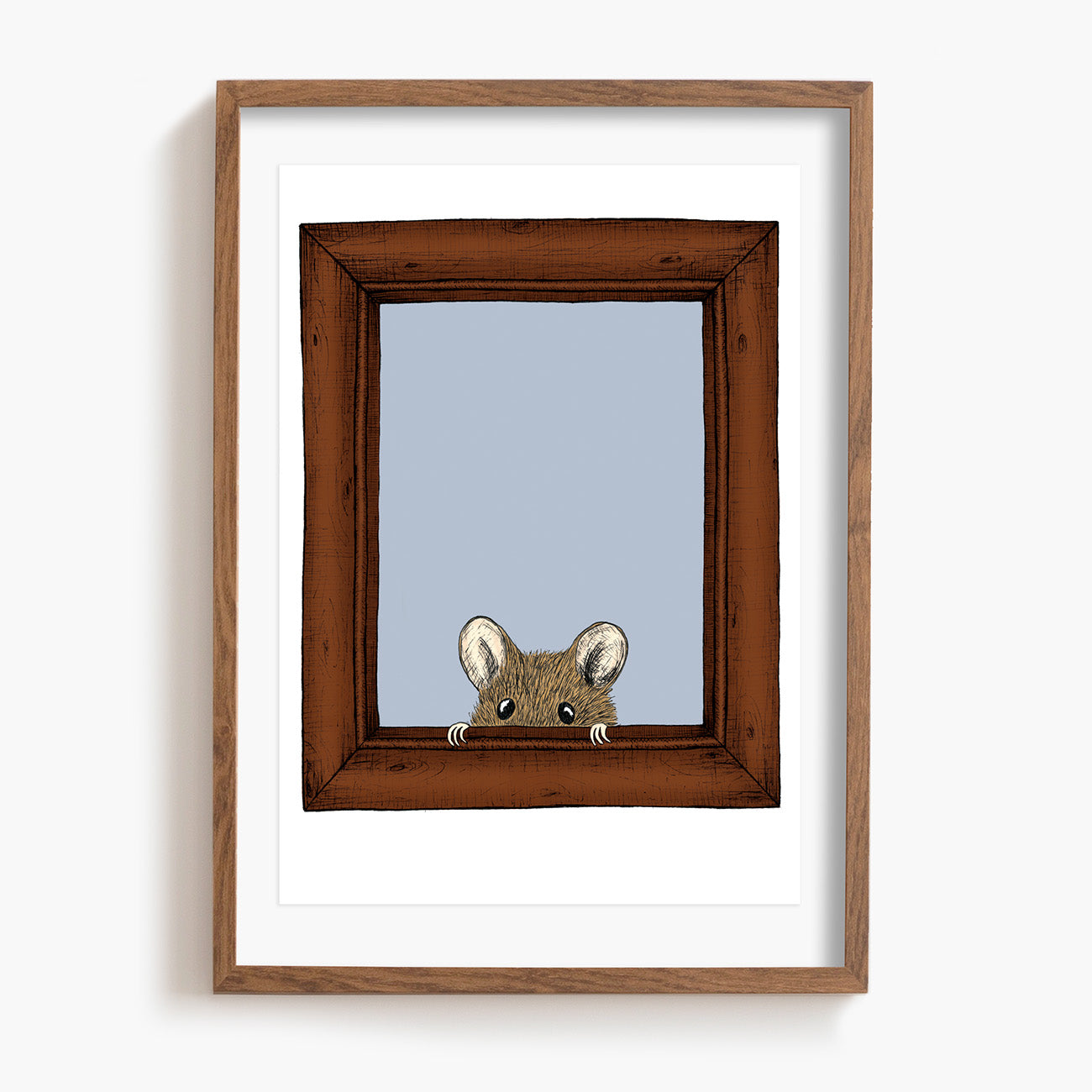 Framed artwork of a mouse peeking out from behind a wooden frame with a light blue background.