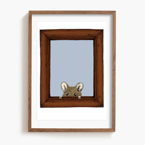 Framed artwork of a mouse peeking out from behind a wooden frame with a light blue background.