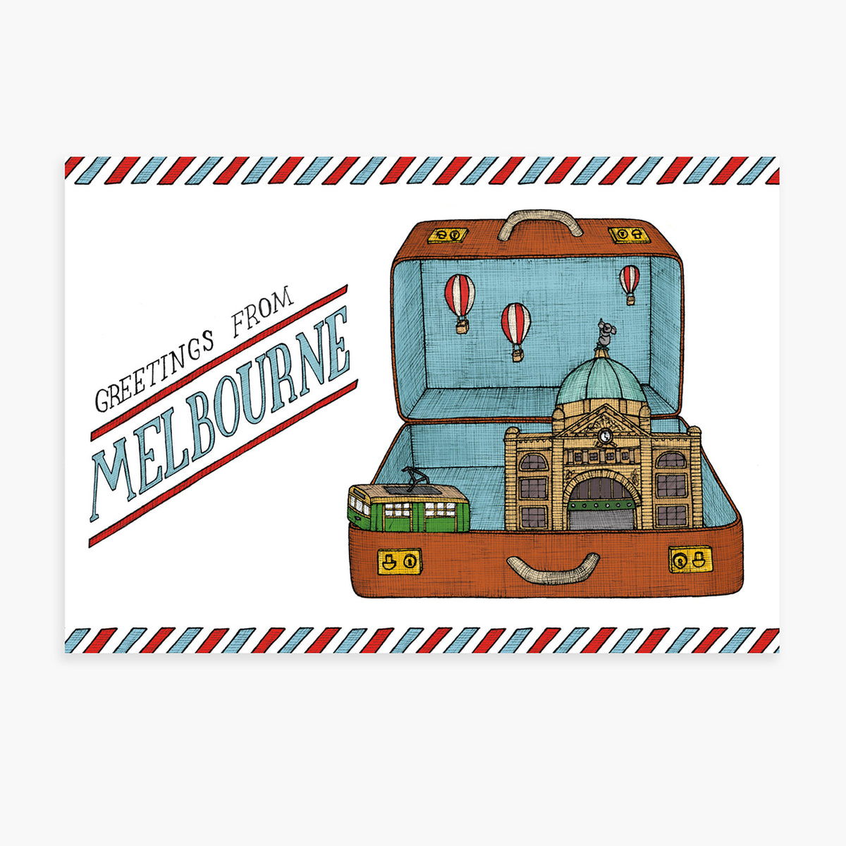 Illustration of an open suitcase with a Flinders Street Station and a Melbourne Tram, labeled 'Greetings from Melbourne'.