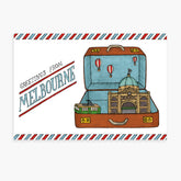 Illustration of an open suitcase with a Flinders Street Station and a Melbourne Tram, labeled 'Greetings from Melbourne'.