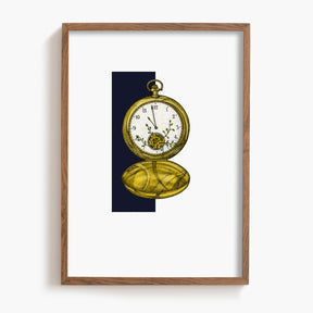 Framed artwork of a pocket watch with overgrown vines on a white background