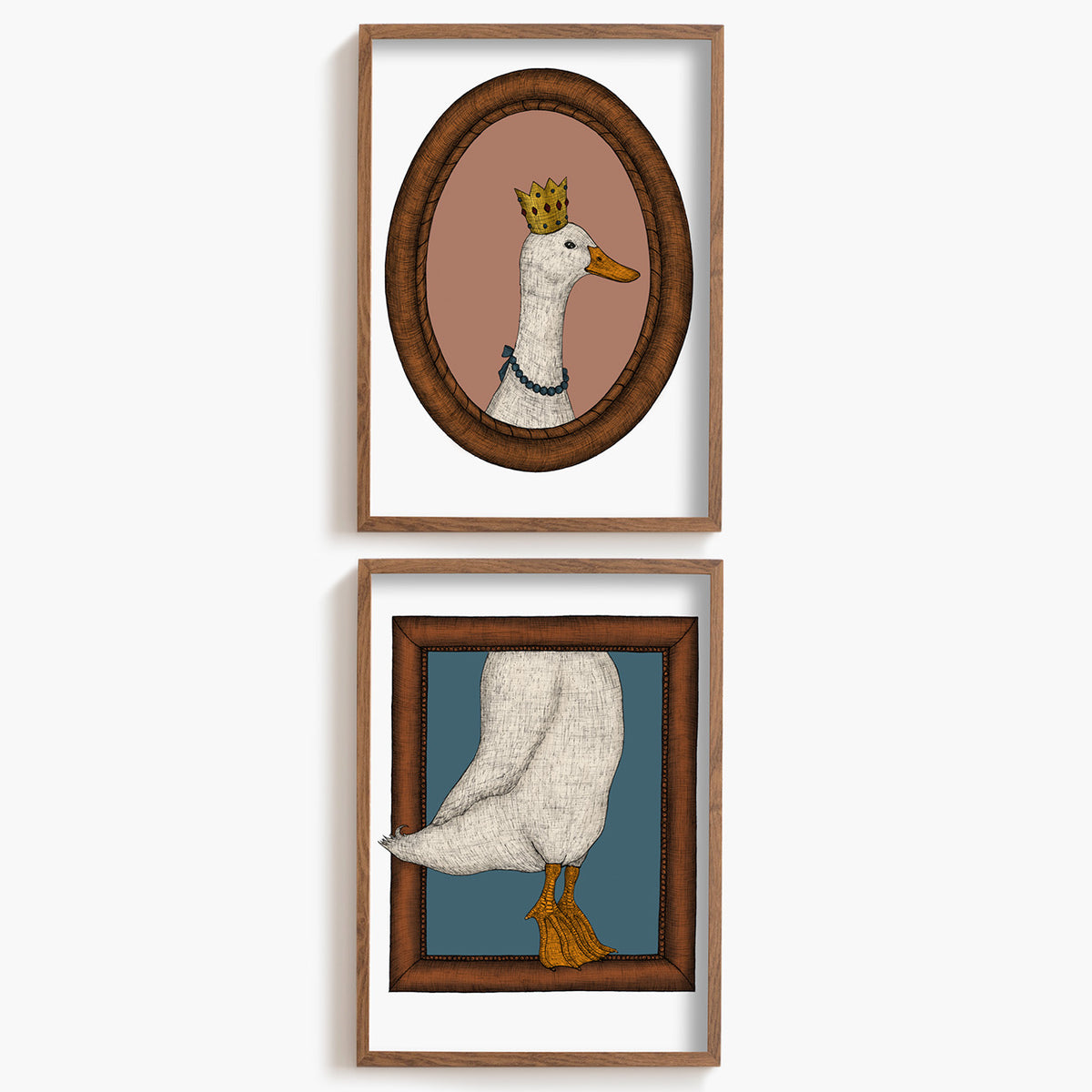 Two framed illustrations. One of a duck head with a crown and the other of a duck tail