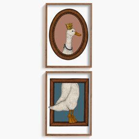 Two framed illustrations. One of a duck head with a crown and the other of a duck tail
