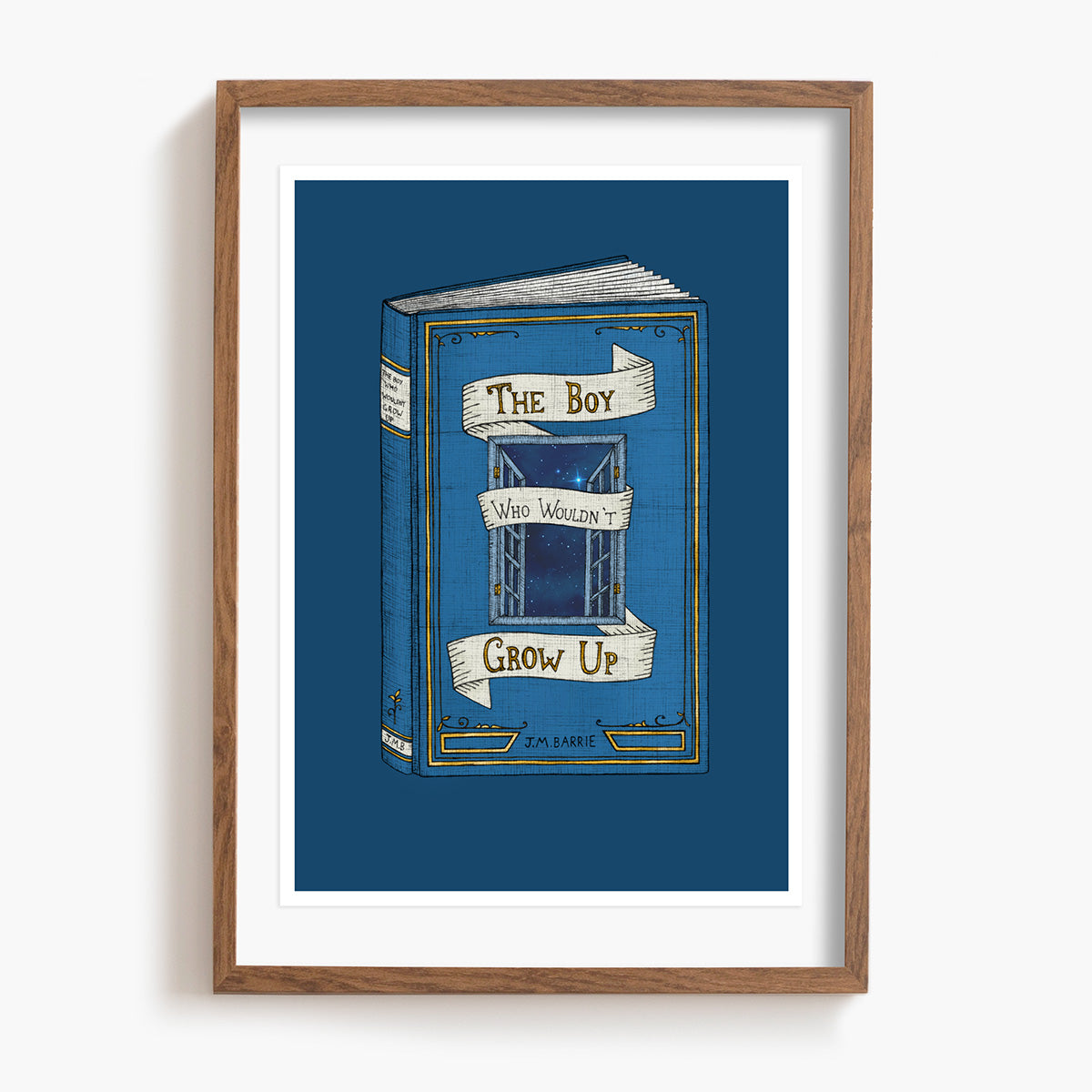 Framed artwork of a blue Peter Pan book with text on a white background