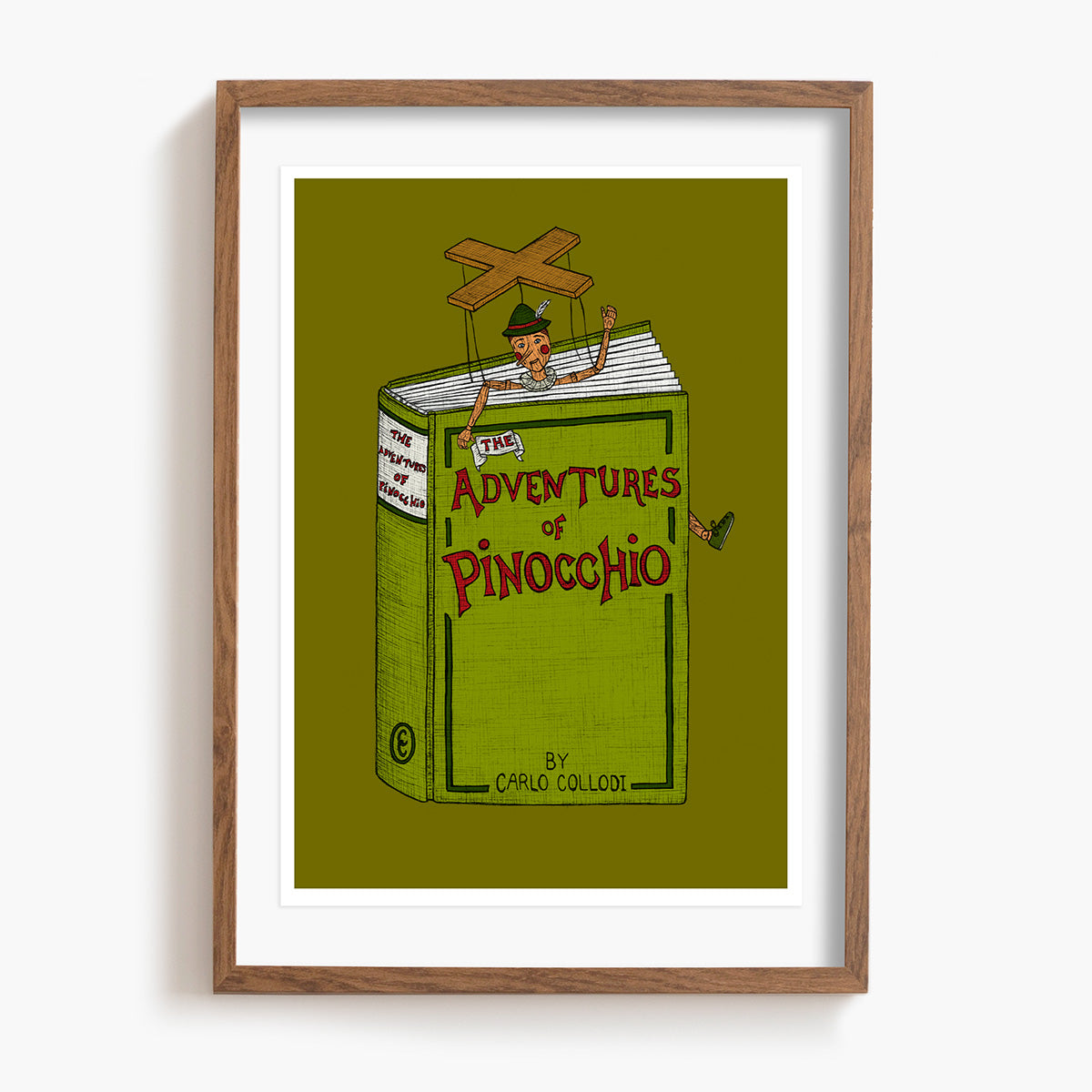 Framed illustration of 'The Adventures of Pinocchio' book cover with a wooden frame.