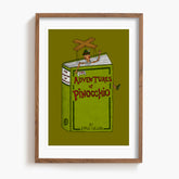 Framed illustration of 'The Adventures of Pinocchio' book cover with a wooden frame.