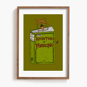 Framed illustration of 'The Adventures of Pinocchio' book cover with a wooden frame.