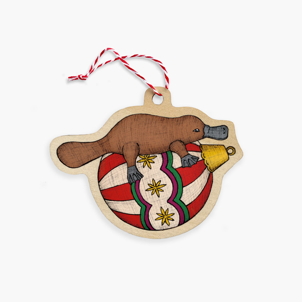 Wooden ornament with a painted bauble with a platypus on a white background.