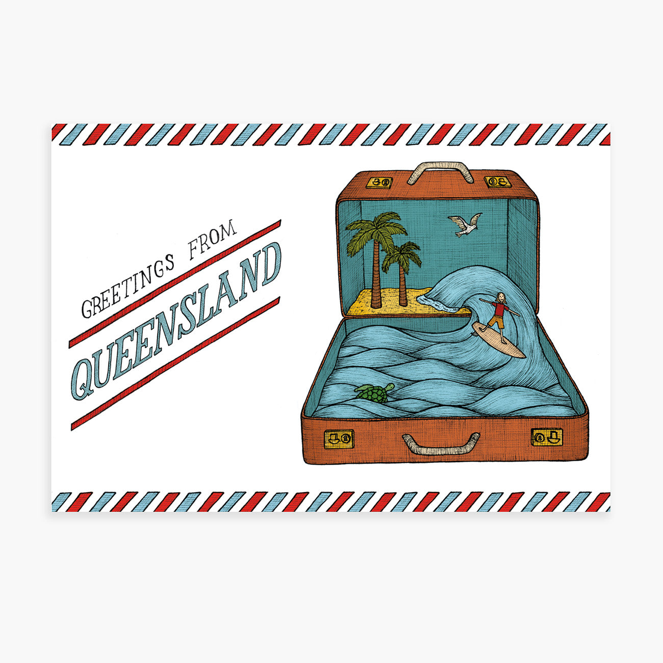 Illustration of an open suitcase with a beach scene and 'Greetings from Queensland' text.