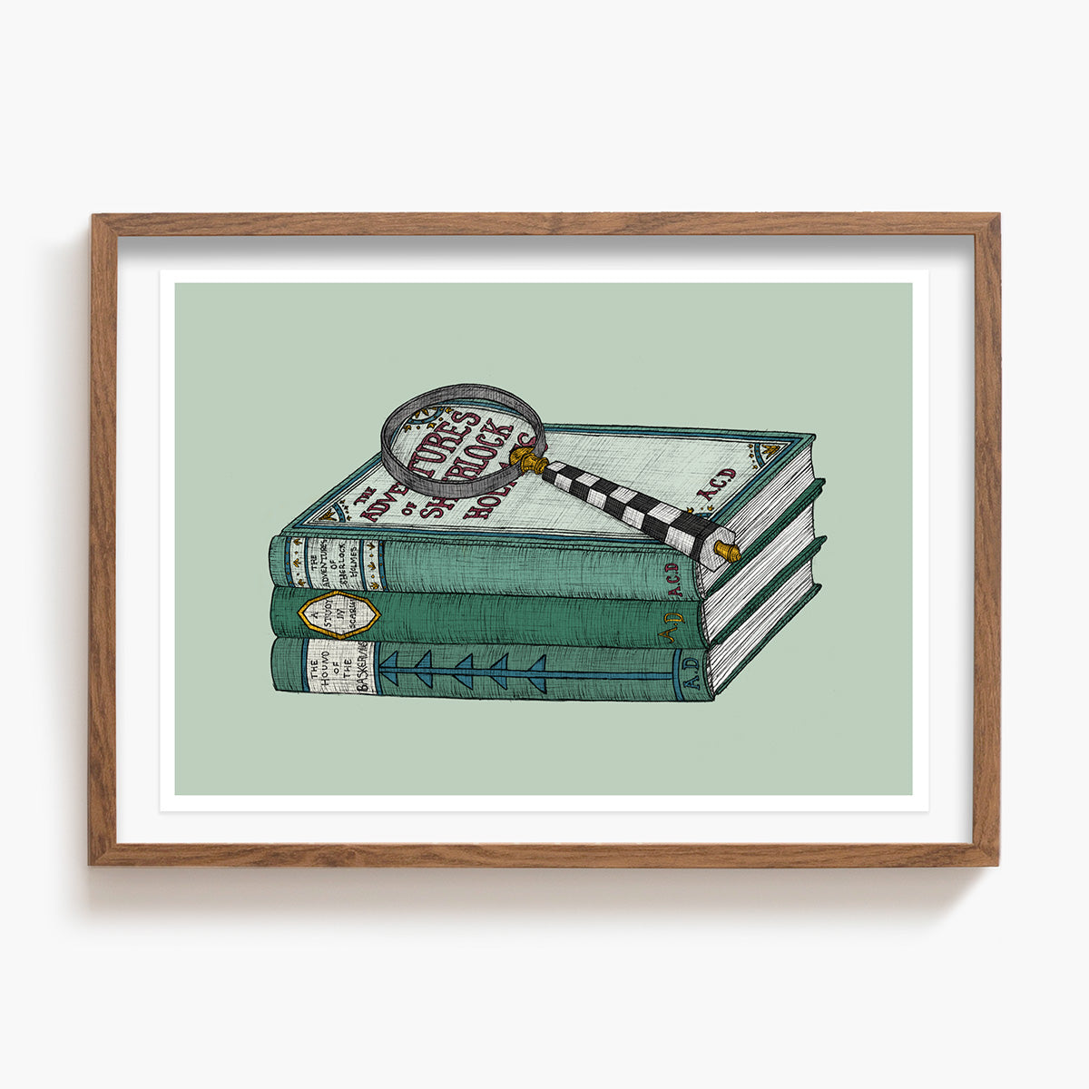 Framed artwork of a stack of a Sherlock Holmes books with a magnifying glass on a light green background
