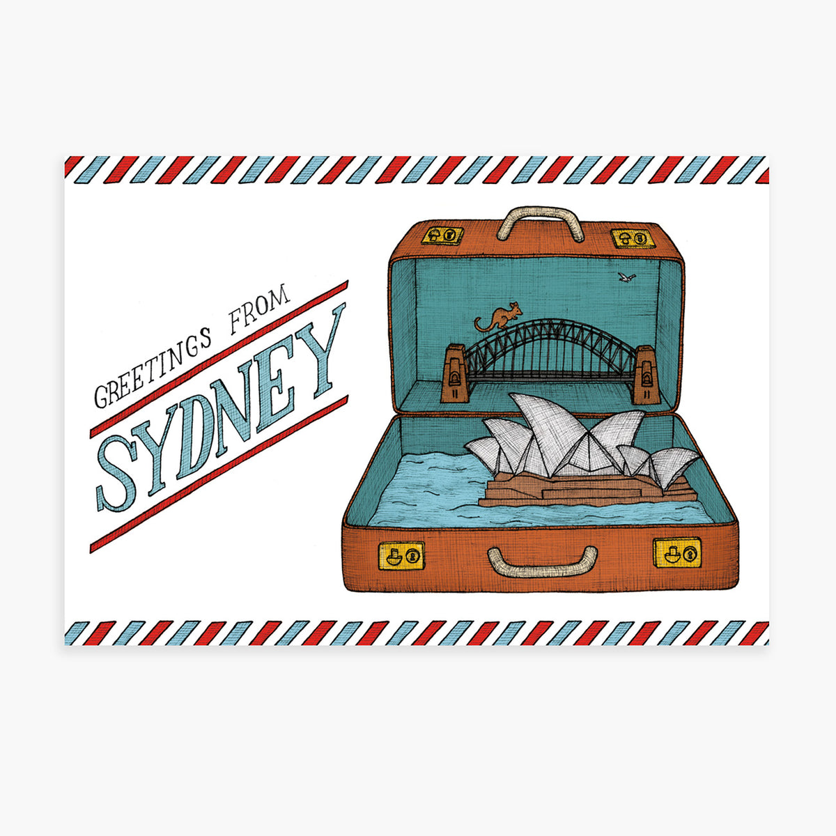 Illustration of an open suitcase with Sydney landmarks, including the Opera House and Harbour Bridge, on a white background with 'Greetings from Sydney' text.