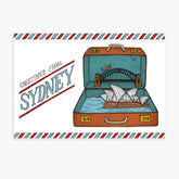 Illustration of an open suitcase with Sydney landmarks, including the Opera House and Harbour Bridge, on a white background with 'Greetings from Sydney' text.