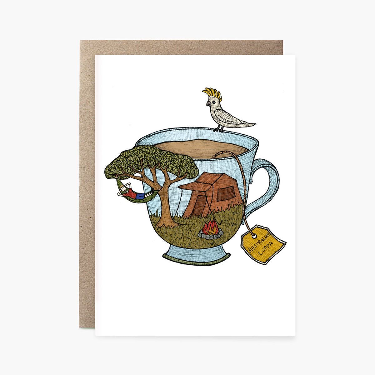 Teacup Camping Cockatoo - Australian Greeting Card